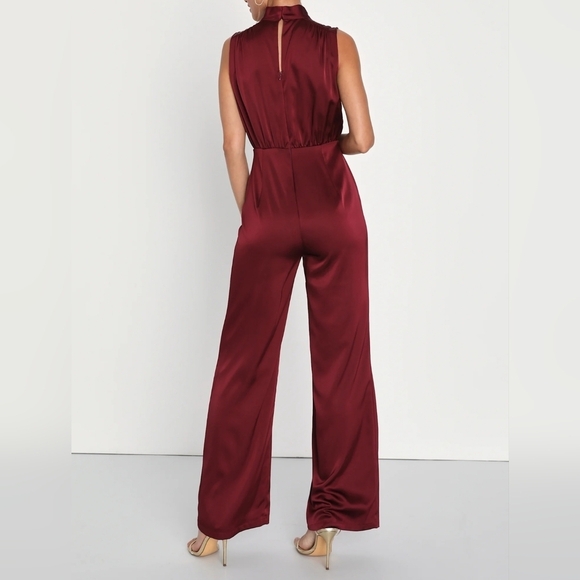 Lulus Classic Elegance Wine Red Satin Sleeveless Mock Neck Jumpsuit, Size Small - Picture 4 of 11